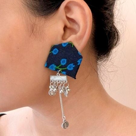 Dark Blue Floral Printed Chain Earrings For Women